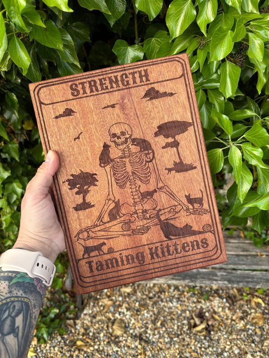 Polished Handcrafted Wooden Tarot Card - Strength / Taming Kittens featuring natural patterning and unique variations - Luna Panther