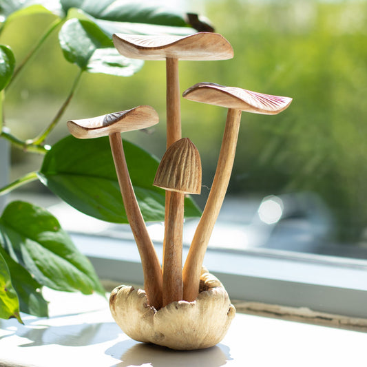 Handmade Parasite Wood Art Carving - Set of 4 Large Mushrooms - Luna Panther alternate view