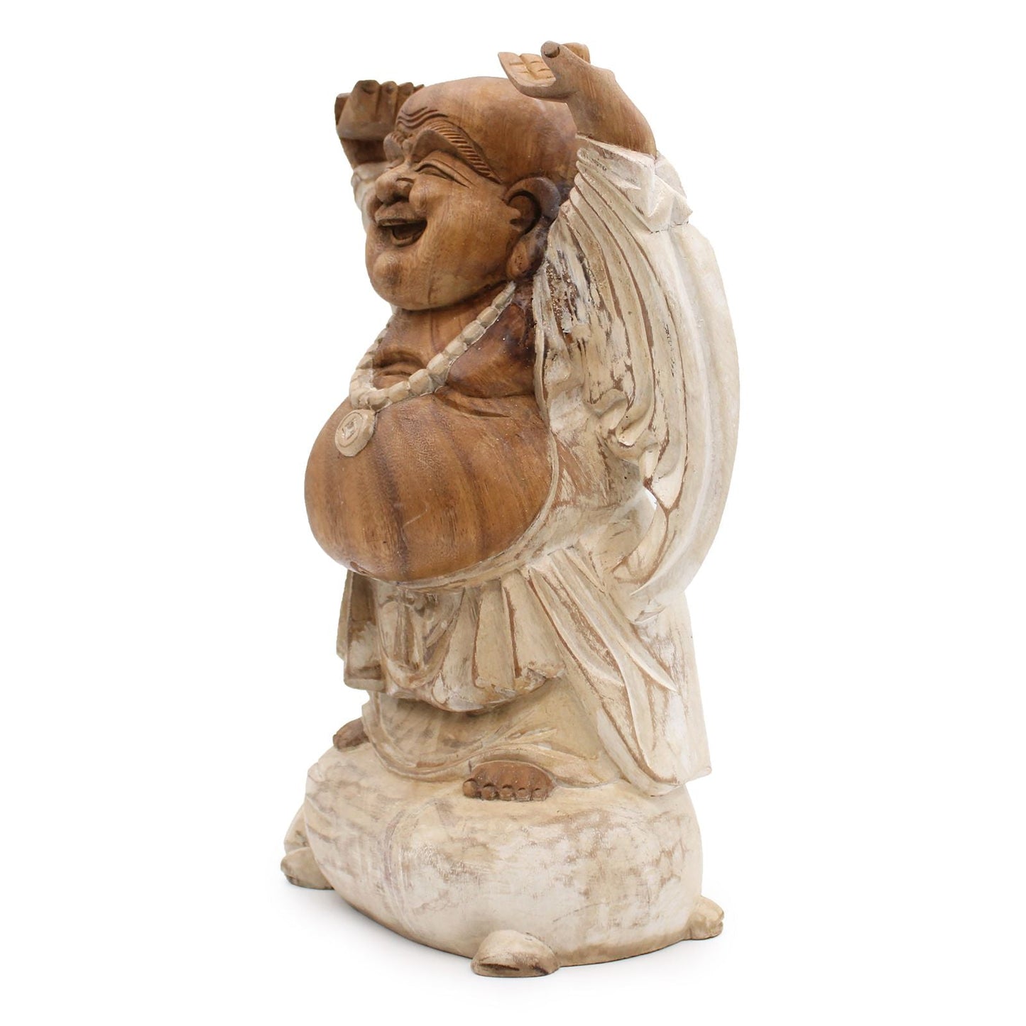 Happy Buddha Hands Up - Whitewash 40cm decorative Buddha statue at Luna Panther
