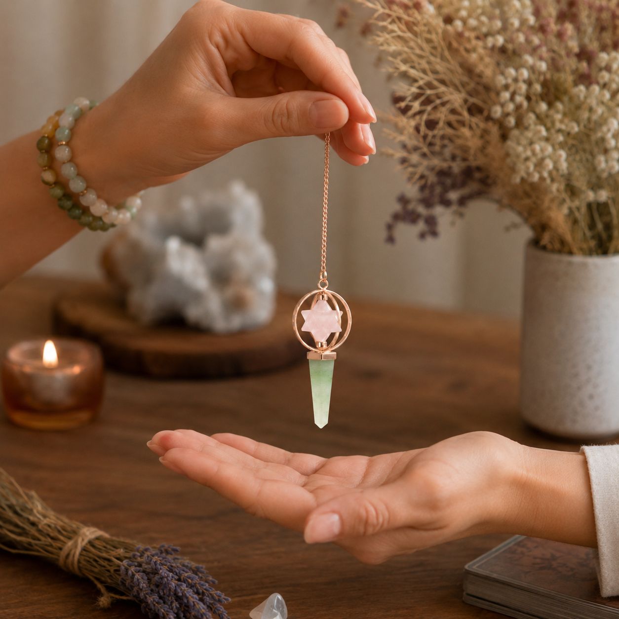 Heart Compass – Two Piece Spinning Merkaba Star in Copper Pendulum – Rose Quartz & Green Aventurine - Luna Panther