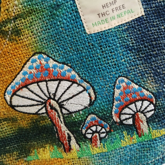 Polished Hemp Embroidery Mushroom Party Bag - Green Mushrooms featuring natural patterning and unique variations - Luna Panther