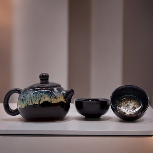 Polished Herbal Black Glaze Teapot Set - Pot & Two Cups featuring natural patterning and unique variations - Luna Panther