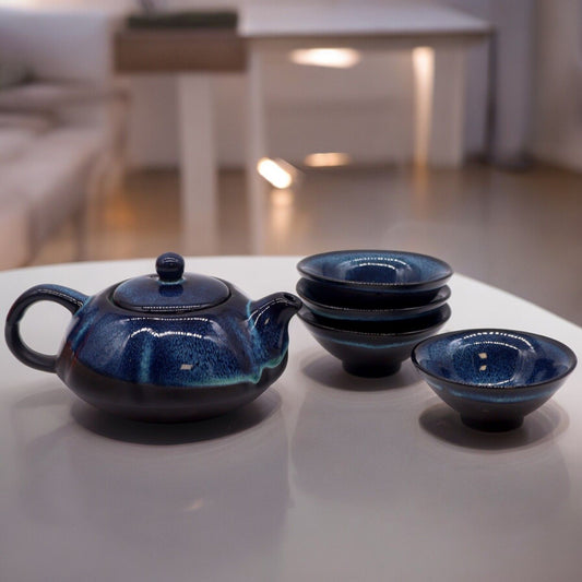 Polished Herbal Blues Teapot Set - Pot & Four Cups featuring natural patterning and unique variations - Luna Panther