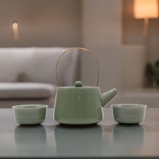 Polished Herbal Jade Teapot Set - Pot & Two Cups featuring serene green tone and smooth polish - Luna Panther