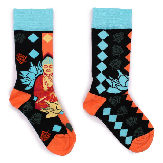 Polished Hop Hare Bamboo Socks - Blue Buddha & Lotus S/M featuring natural patterning and unique variations - Luna Panther