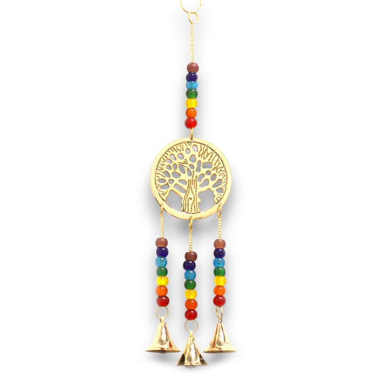 Polished Indian Chimes - Brass Tree of Life with Chakra Beads - 3 Bells featuring natural patterning and unique variations - Luna Panther