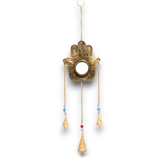 Polished Indian Chimes - Hamsa Sm Mirror 3 Bells featuring natural patterning and unique variations - Luna Panther