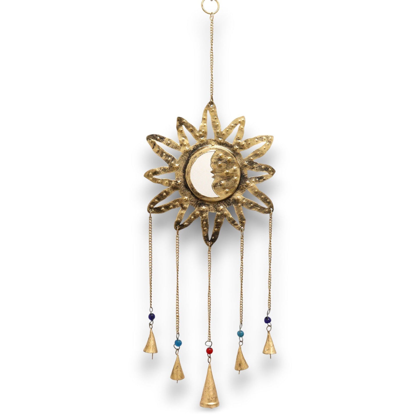 Polished Indian Chimes - Sun Moon Sm Mirror 5 Bells featuring natural patterning and unique variations - Luna Panther