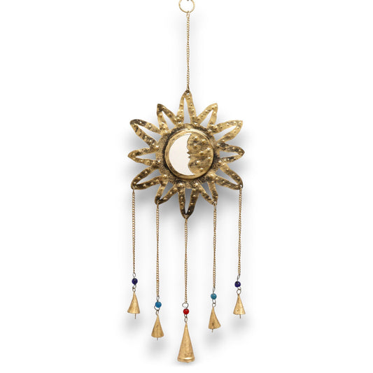 Polished Indian Chimes - Sun Moon Sm Mirror 5 Bells featuring natural patterning and unique variations - Luna Panther