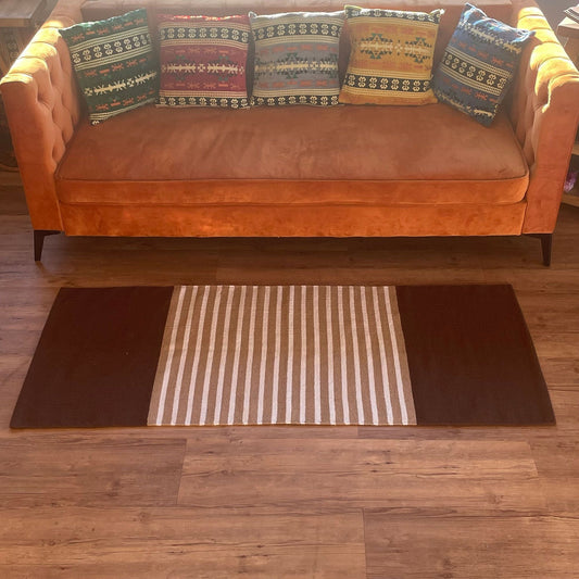 Polished Indian Cotton Rug - 70x170cm - Dark Brown / Beige featuring natural patterning and unique variations - Luna Panther