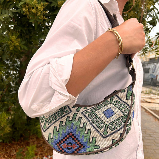 Polished Jacquard Hobo Bag - Geo-Geen (brown strap) featuring natural patterning and unique variations - Luna Panther