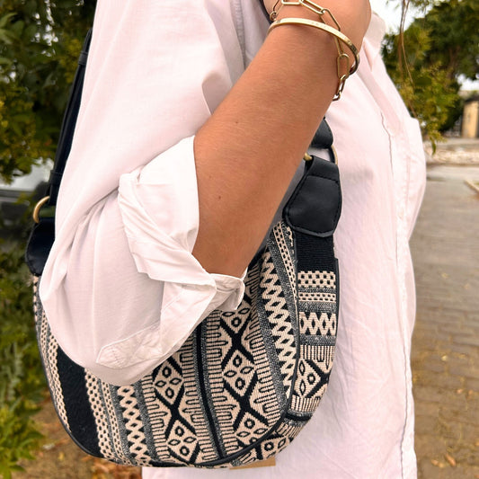 Polished Jacquard Hobo Bag - Grey Metro (black strap) featuring natural patterning and unique variations - Luna Panther