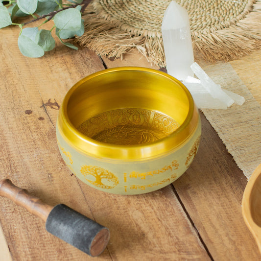 Large Aluminium Singing Bowl – Buddha Tree of Life – Copper Colour (19 cm) — singing bowl, image 1 of 7.
