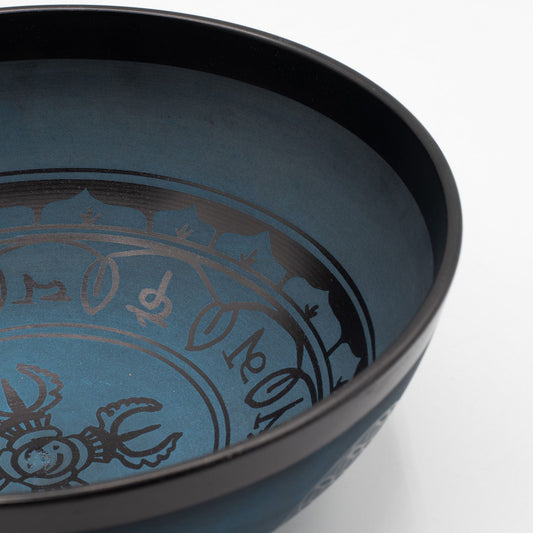 Large Aluminium Singing Bowl – Tibetan Double Dorje Design – Blue (27 cm) — singing bowl, image 1 of 7.