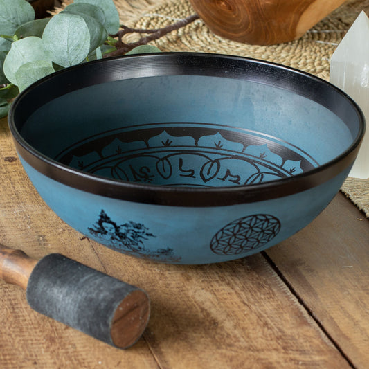 Large Aluminium Singing Bowl – Tibetan Double Dorje Design – Blue (27 cm) — singing bowl, image 2 of 7. alternate view