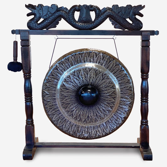 Polished Large Gong in Brown Antique Stand - 80cm - Black - pattern featuring natural patterning and unique variations - Luna Panther
