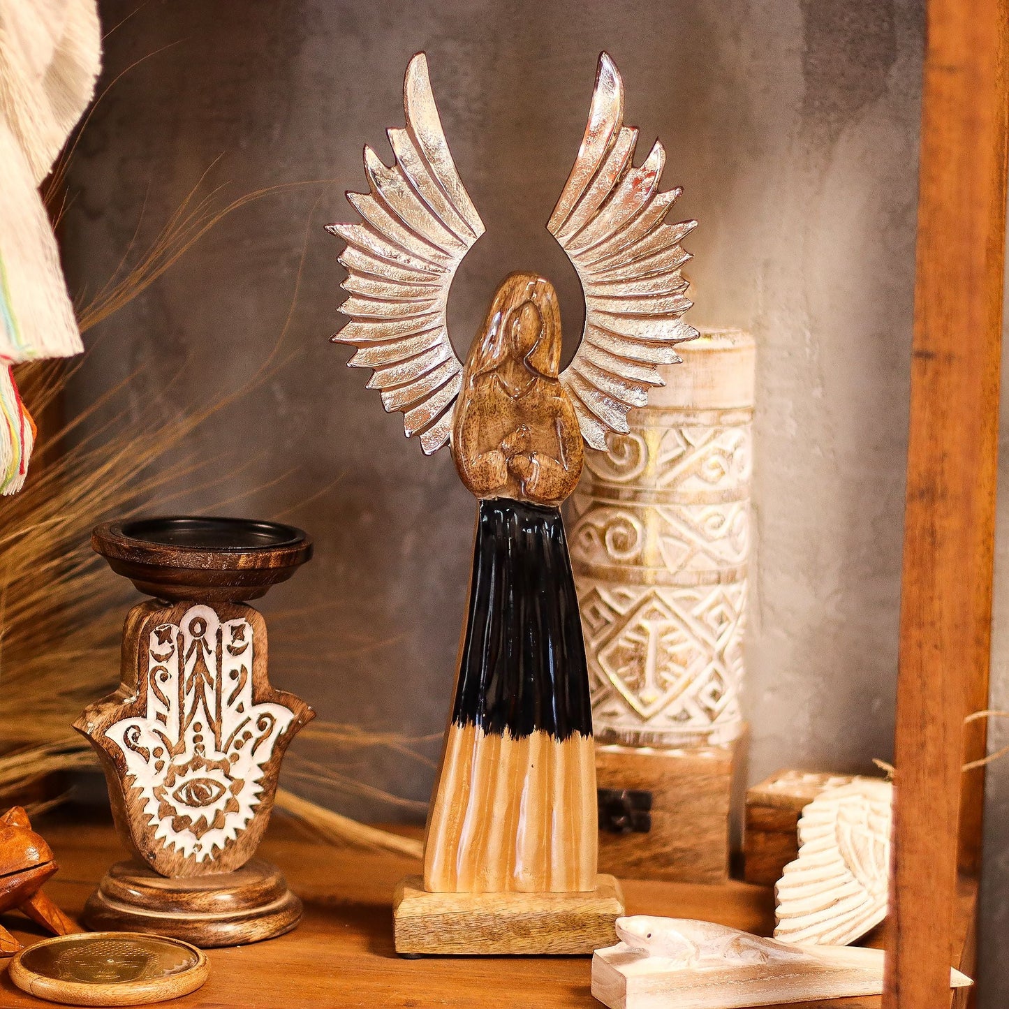 Large Mango Wood Guardian Angel – Metal Wings & Enamel Detail — sculptures & statues, image 8 of 8.