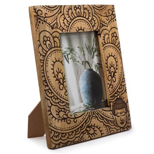 Black mango wood buddha picture frame for 13 x 18cm photo, approx. 28 x 23 x 2cm