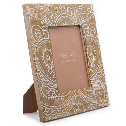 White mango wood buddha picture frame for 13 x 18cm photo, approx. 28 x 23 x 2cm