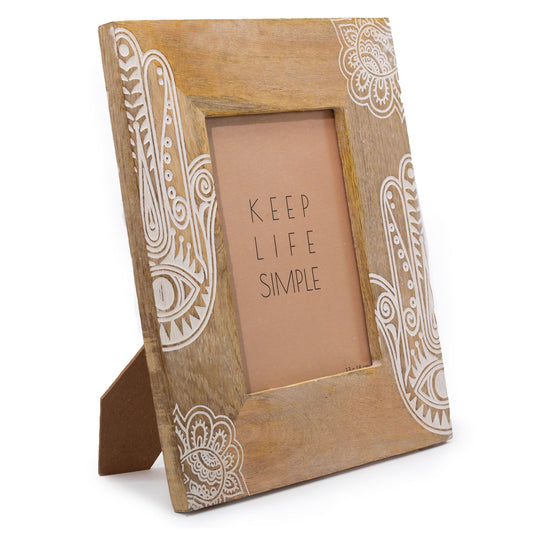 White mango wood hamsa picture frame for 13 x 18cm photo, approx. 28 x 23 x 2cm