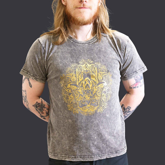 Polished Large Stone Washed T-Shirt - Hamsa - Dark Grey featuring natural patterning and unique variations - Luna Panther