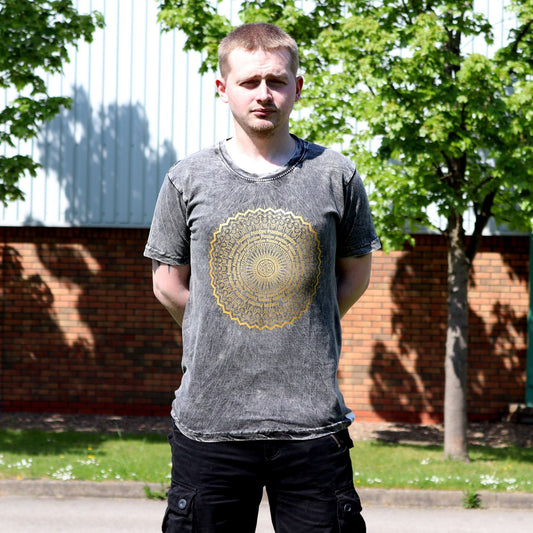 Polished Large Stone Washed T-Shirt - Mandala - Dark Grey featuring natural patterning and unique variations - Luna Panther