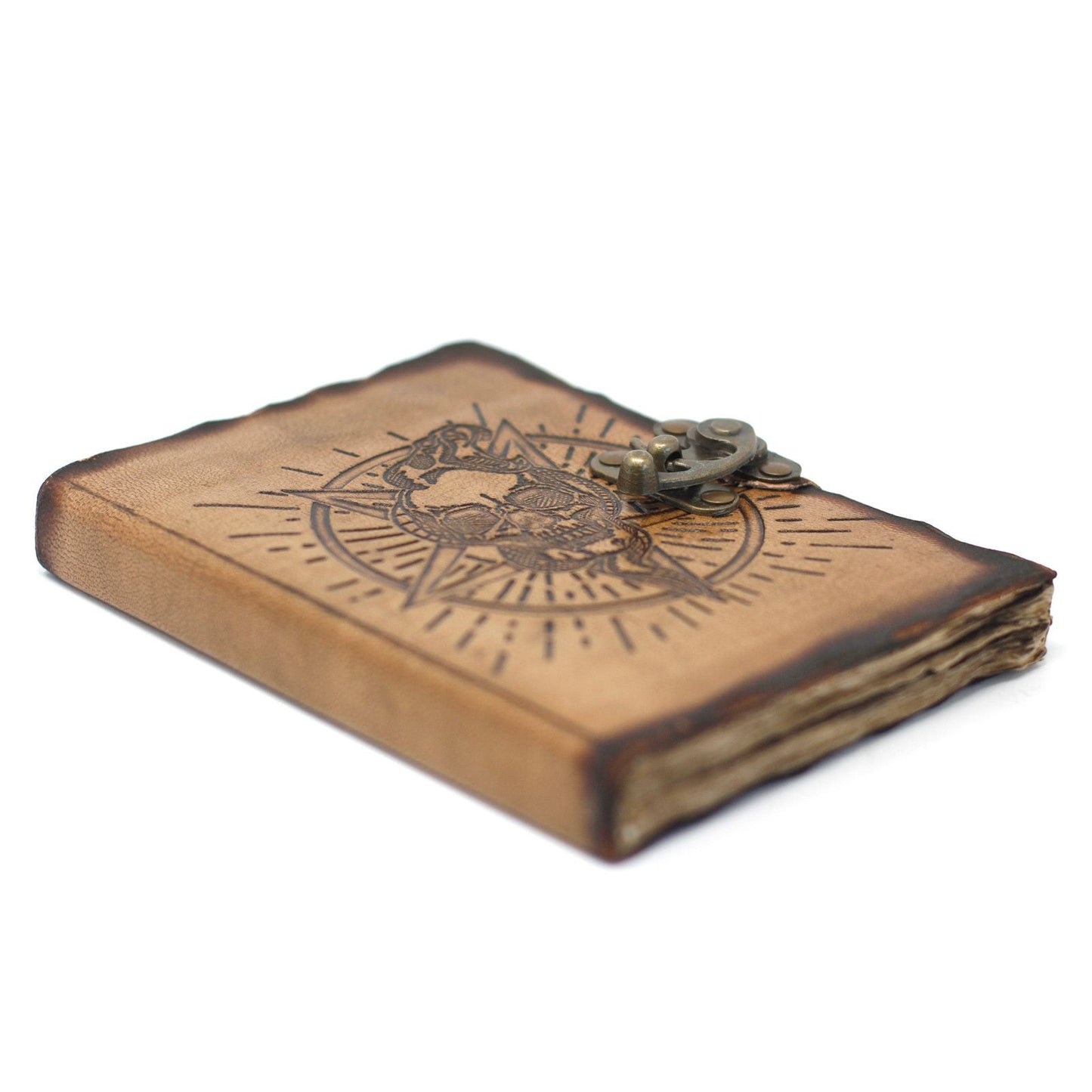 Leather Pentagon & Skull with Burns Detail Notebook (7x5") - Luna Panther