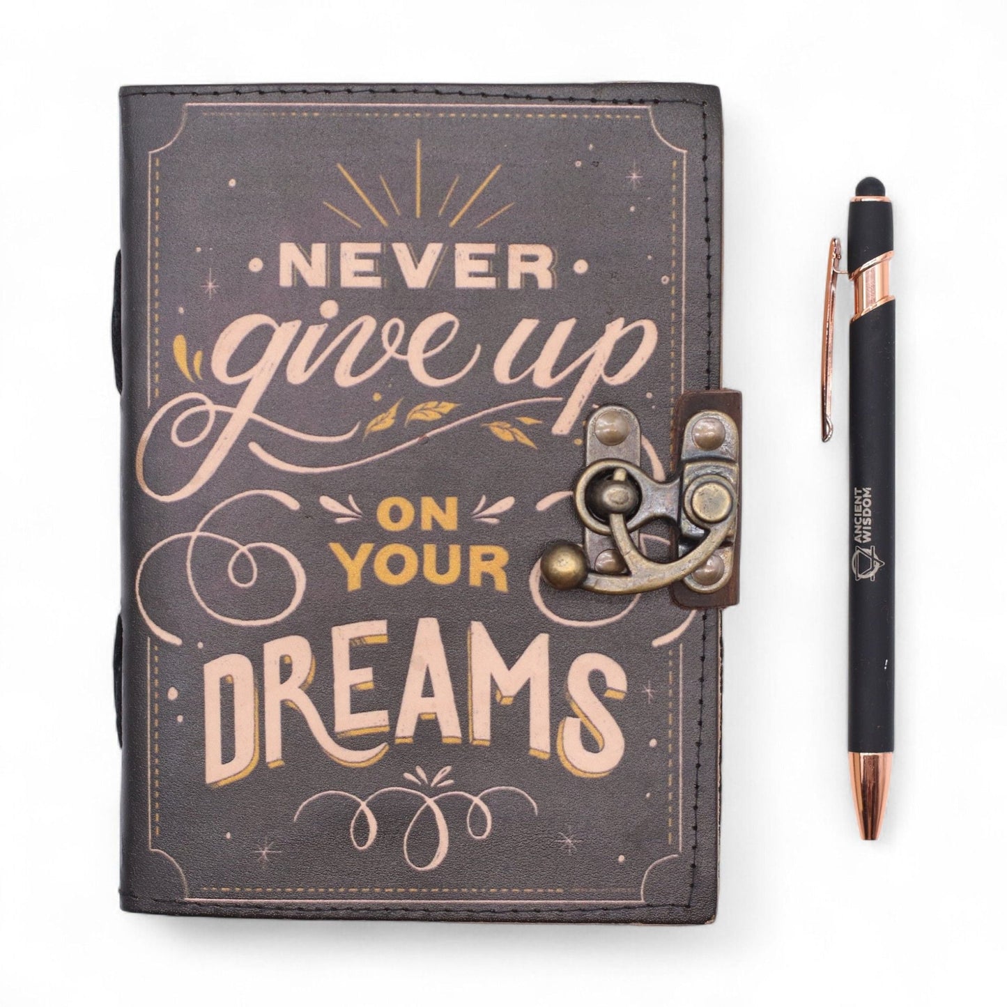 Leather Printed Notebook - Never Give Up On Your Dreams - 17.8×12.7 cm - Luna Panther