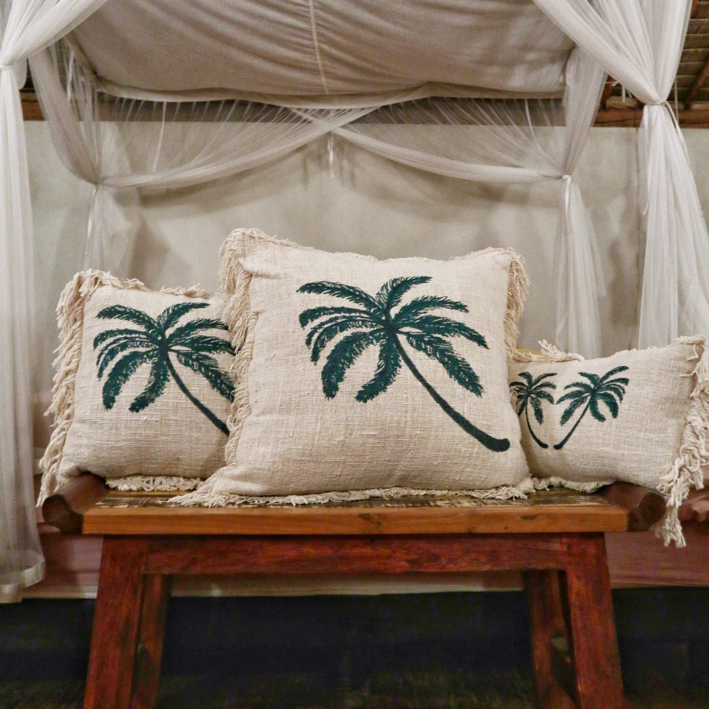 Linen Cushion Cover 60x60cm Palm Tree with Fringe - Luna Panther