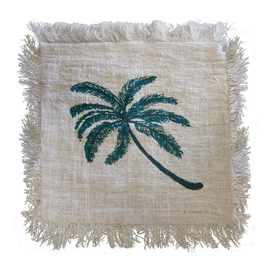 Linen Cushion Cover 60x60cm Palm Tree with Fringe - Luna Panther