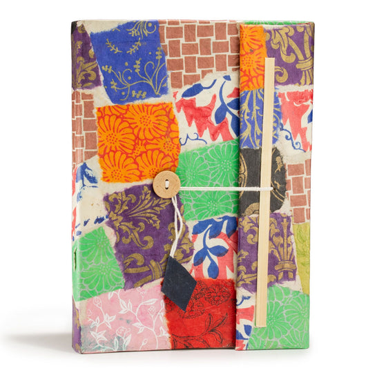 Lokta Patchwork Notebook - Large (21x15cm) - 45 Leaves - Includes Bookmark - Multi Colour - Luna Panther