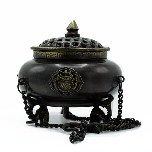 Polished Lrg Brass Tibetan Burner - Four Symbol Hanging Pot featuring natural patterning and unique variations - Luna Panther