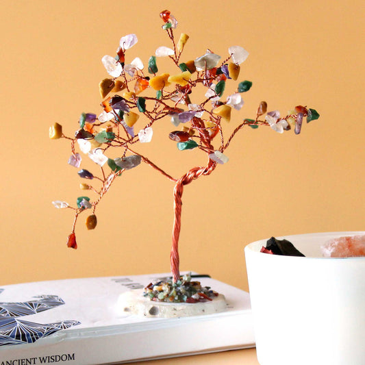 Polished Lrg Gemstone Tree - Multi Stones on Natural Agate Base (100 stones) featuring banded patterns and glossy finish - Luna Panther