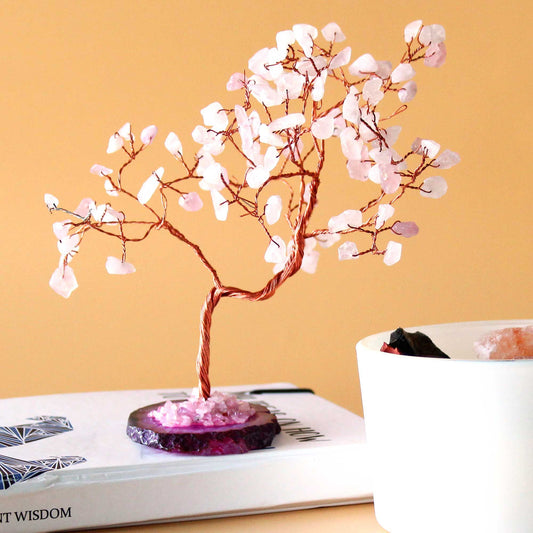 Polished Lrg Gemstone Tree - Rose Quartz on Pink Agate Base (100 stones) featuring soft pink tone and gentle translucence - Luna Panther