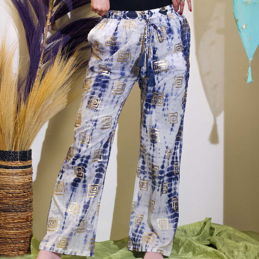 Polished (LXL) Nomad Sari On the Med Collection - Lounge Pants - Gold & Blue Greek Motiff - Handpainted featuring natural patterning - Luna Panther