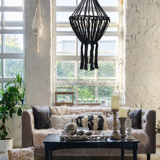 Macrame Large Drop Chandelier - Black - Luna Panther