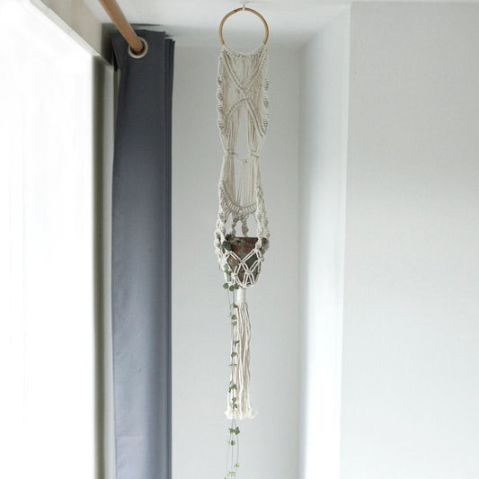 Macrame Pot Holder - Long With Rattan Hoop - Luna Panther