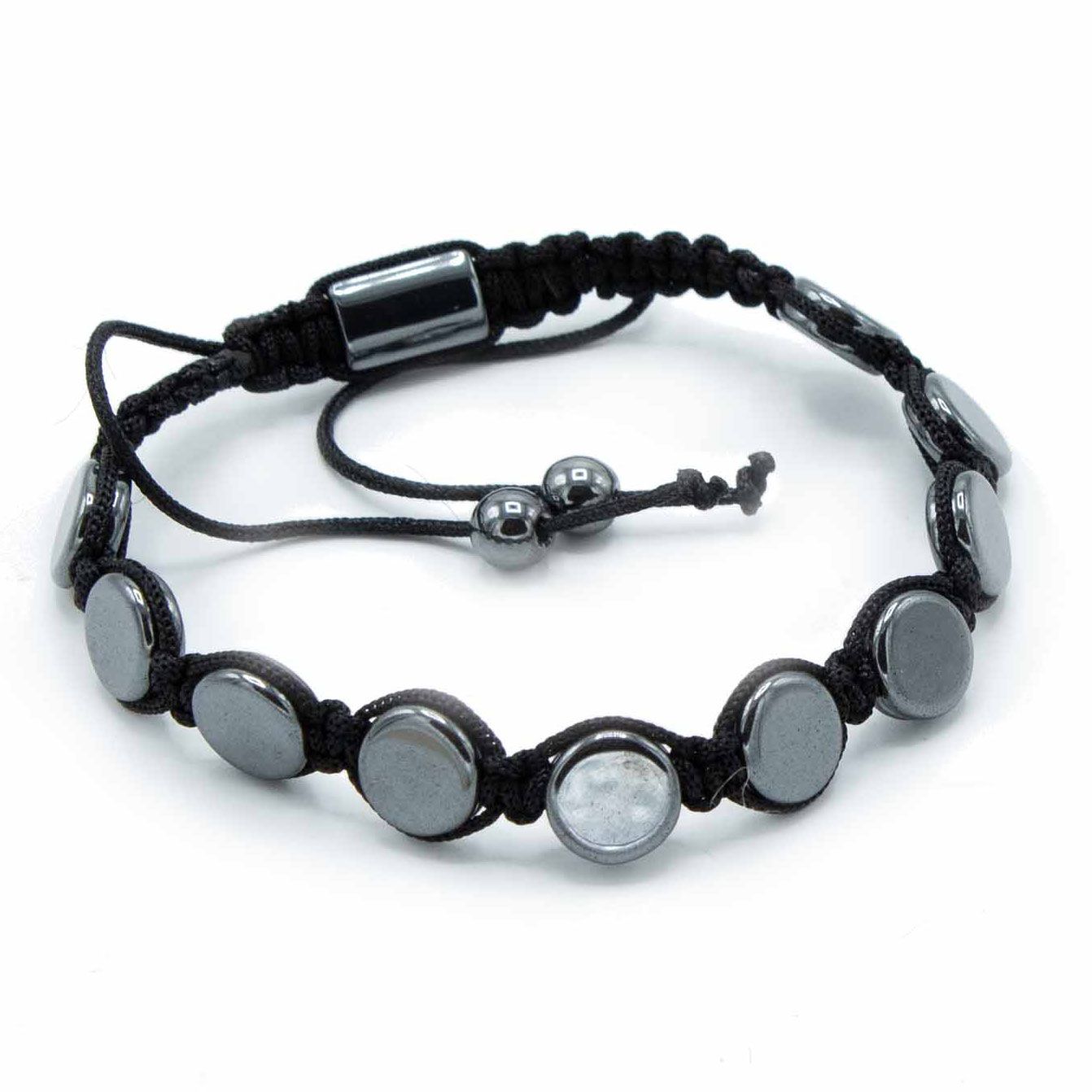 Polished Magnetic Hematite Shamballa Bracelet - Round Flats featuring metallic grey sheen and mirror finish - Luna Panther