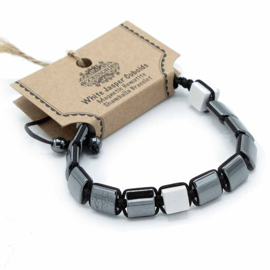 Polished Magnetic Hematite Shamballa Bracelet - White Jasper Cuboids featuring metallic grey sheen and mirror finish - Luna Panther