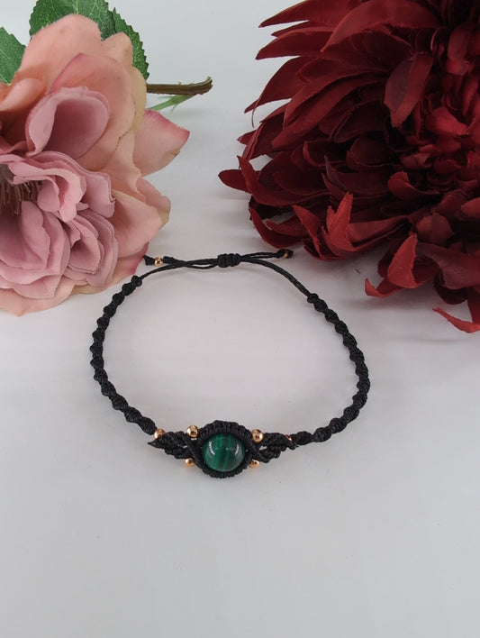 Polished Malachite Black Micro Macrame Bracelet featuring banded green patterning and silky polish - Luna Panther