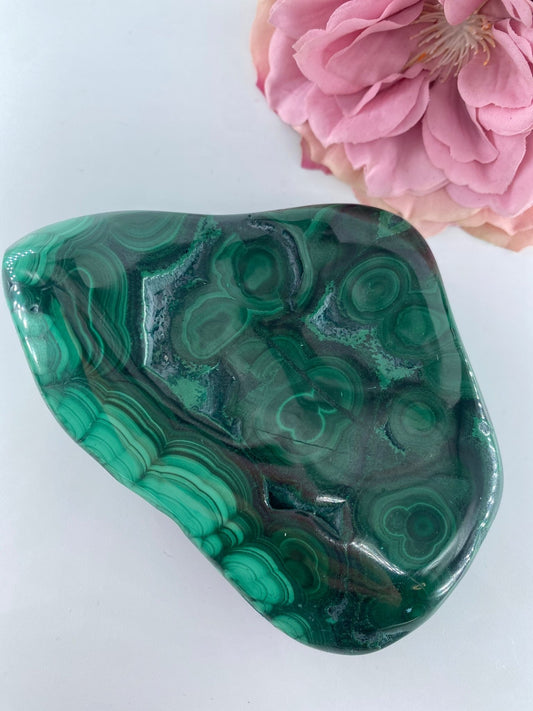 Polished Malachite Free Form 383Grams featuring banded green patterning and silky polish - Luna Panther alternate view