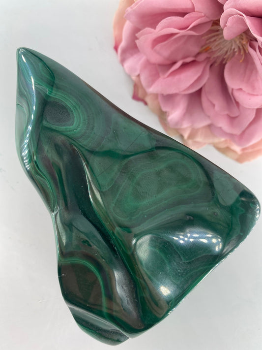 Polished Malachite Free Form 452 Grams featuring banded green patterning and silky polish - Luna Panther alternate view