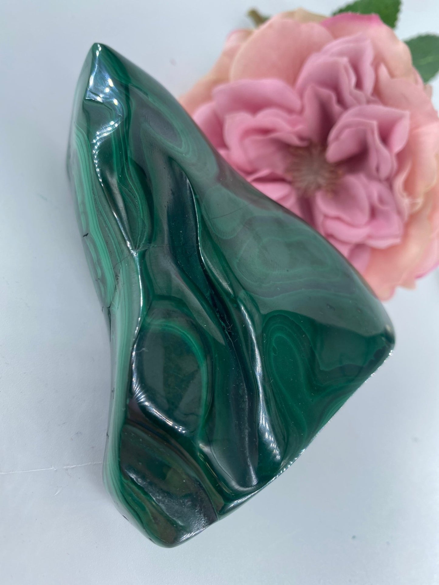 Polished Malachite Free Form 452 Grams featuring banded green patterning and silky polish - Luna Panther