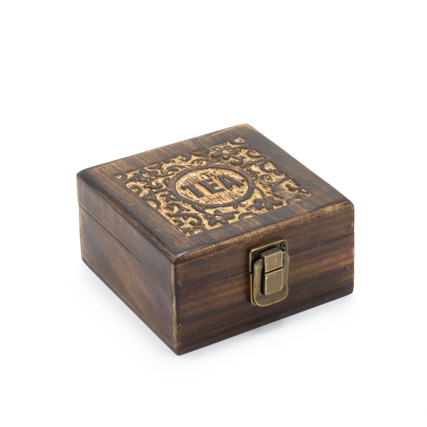 Polished Mango Carved Tea Box (4 compartments) featuring natural patterning and unique variations - Luna Panther