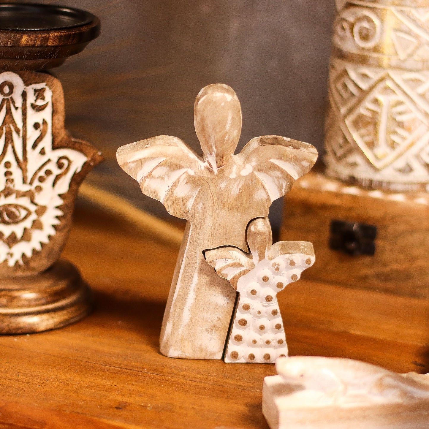 Mango Wood Angel in Angel – Whitewash — sculptures & statues, image 8 of 8.