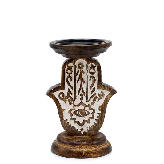 Polished Mango Wood Candle Stand - Hamsa - Small featuring natural patterning and unique variations - Luna Panther