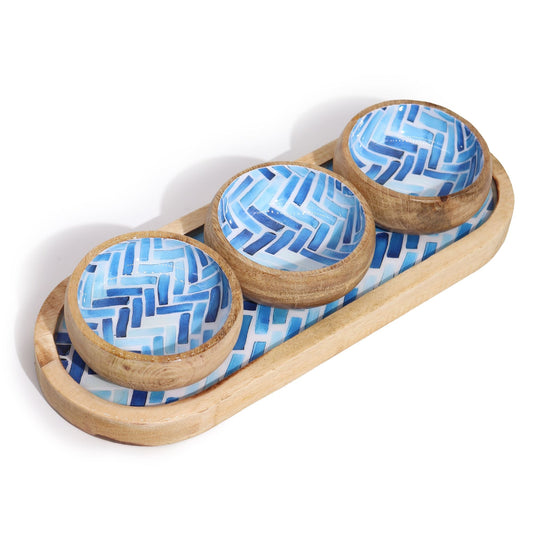 Mango Wood Tray with 3 Bowls - Blue Stripes - Luna Panther