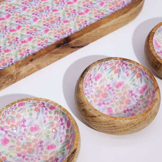 Mango Wood Tray with 3 Bowls - Pretty Floral - Luna Panther alternate view