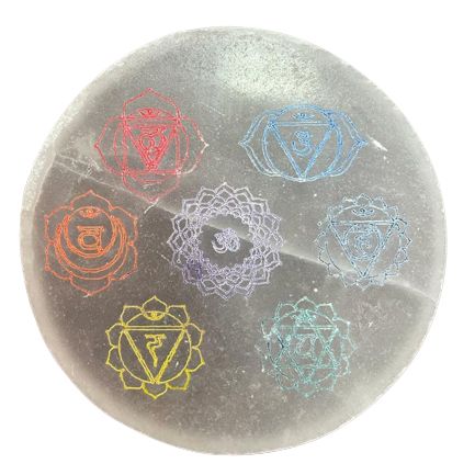 Polished Medium Charging Plate 10cm - Chakra Design (col) featuring natural patterning and unique variations - Luna Panther