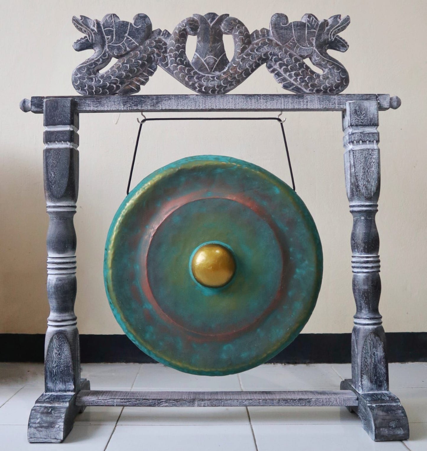 Polished Medium Gong in Stand - 50cm - Greenwash featuring natural patterning and unique variations - Luna Panther